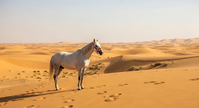 A majestic white horse stands proudly in the vast, sun-drenched desert landscape, its silhouette stark against the rolling sand dunes.