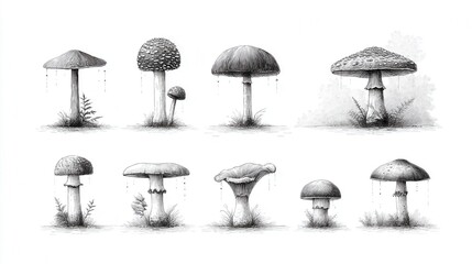 Detailed pencil sketches of various mushroom types, each with a stem and cap, showcasing intricate details and textures. Each mushroom sits in grass, with water droplets