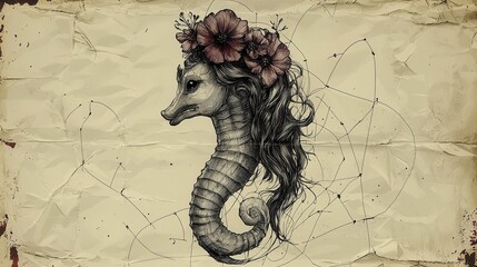 Detailed seahorse illustration, floral crown