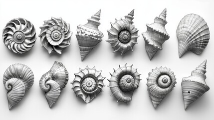 Detailed seashells, various forms