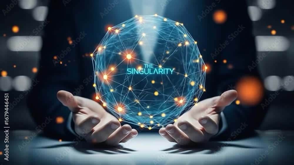 Poster hands holding glowing network sphere with singularity text