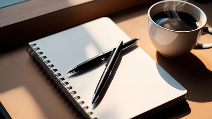 Sunlit workspace with a blank notebook, pens, and a warm cup of coffee for a productive morning