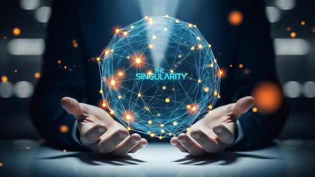 Hands Holding Glowing Network Sphere with Singularity Text