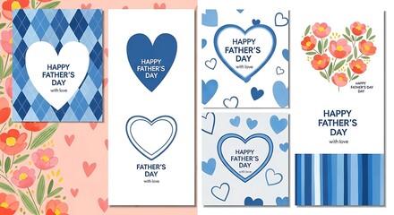 Fathers day greeting cards with hearts and floral patterns isolated on white background