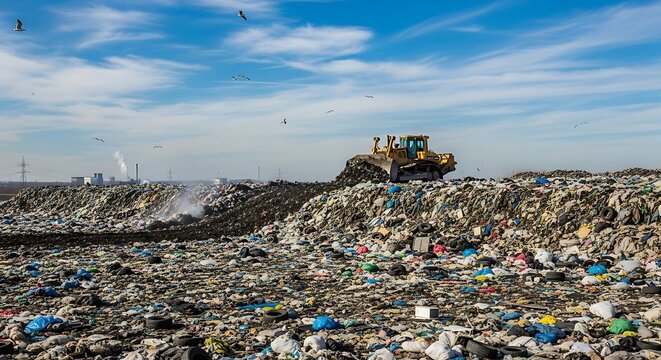 Bulldozer in Action Managing a Massive Landfill for Environmental Sustainability