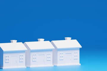 Three white houses on a blue surface, 3D cartoon style