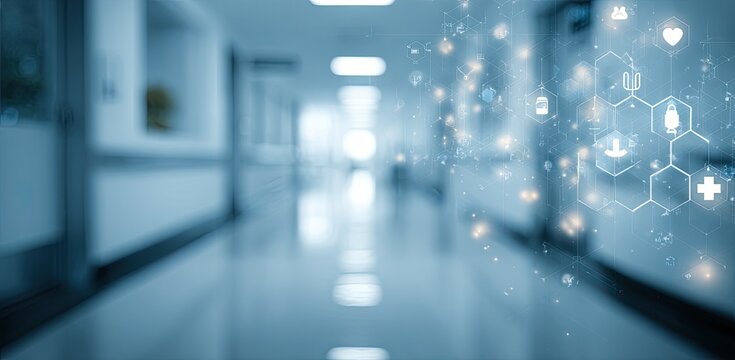Blurred hospital hallway with medical icons overlay