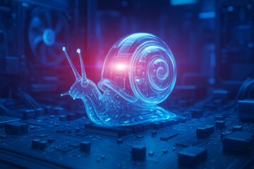 Transparent glowing cyborg snail with internal circuitry, futuristic style, on dark computer motherboard, symbolizing slow technology or system lag. Slow CPU concept