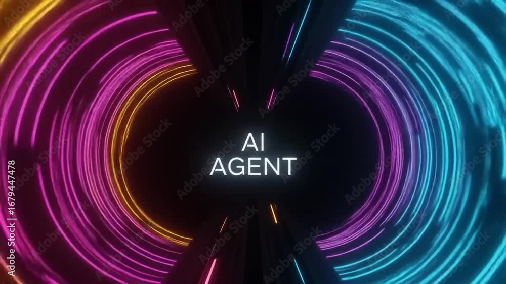 Poster neon aiagent circular tunnel with vibrant light streams