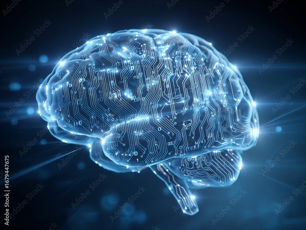 Fototapete ultra realistic glowing brain with blue cybernetic circuits and binary code, representing futuristic