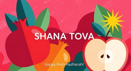 Shana tova greeting card with apple and pomegranate for jewish new year