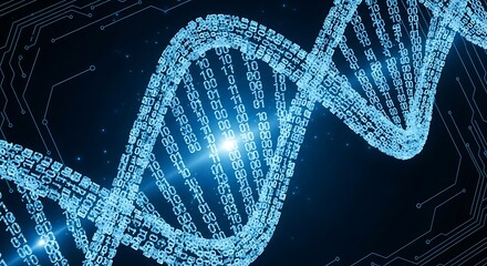Glowing digital DNA helix formed by binary code, conceptualizing the powerful intersection of genetics, data technology, and scientific innovation, exploring life's information structure