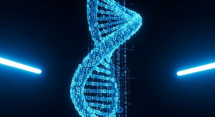 Illuminated binary code helix, a conceptual representation of genetic data in the digital age, merging biology with cutting-edge information technology and computational biology