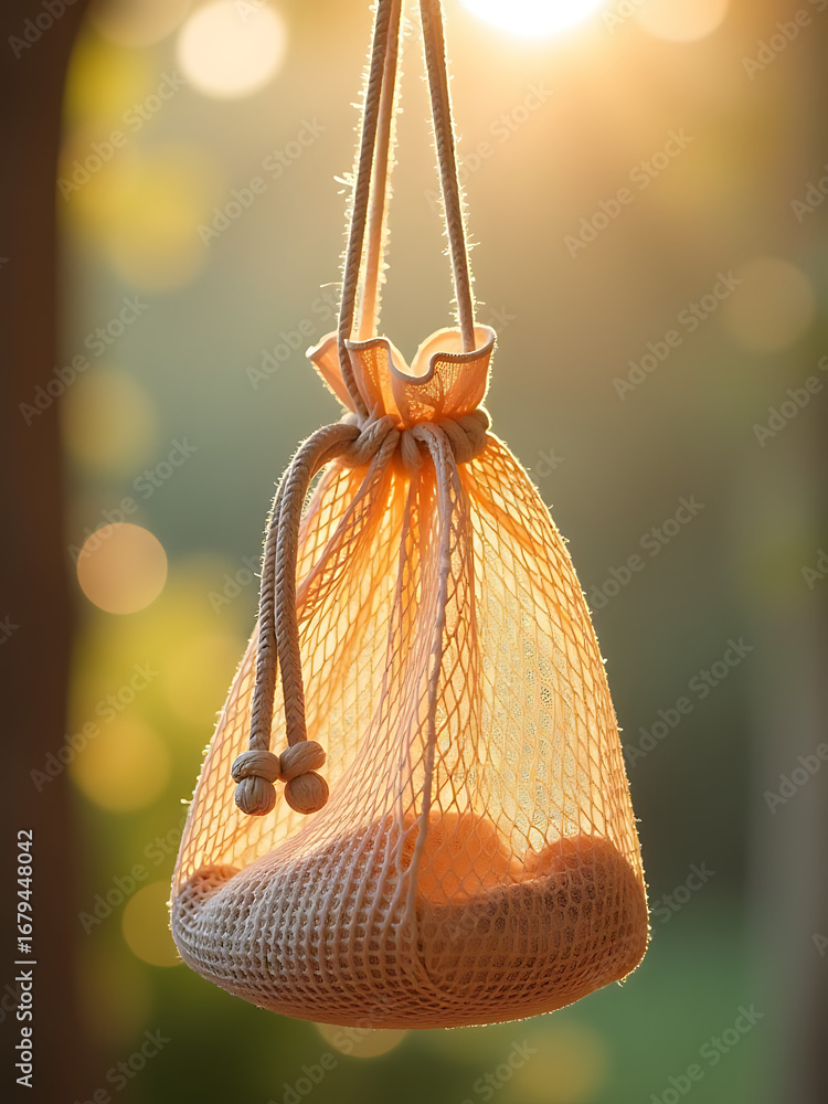 Poster beige mesh pouch hangs two sturdy rope handles translucent material glowing warmly soft diffused nat