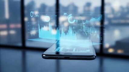 A smartphone displays a holographic financial chart against a blurry cityscape background - Powered by Adobe