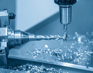 Close-up view of a metalworking machine drill bit cutting through metal, producing metal shavings.  The machine components are smoothly detailed, and the scene is filled with a cool, industrial tone.
