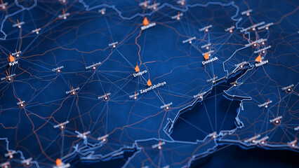 Zaporizhzhya map big data visualization. Futuristic map infographic of city in Ukraine. Visual map data complexity in modern blue and orange colors