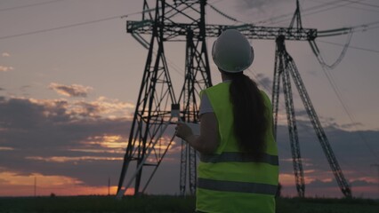young woman in hardhat head of power station towers. energy business concept. woman power engineer...