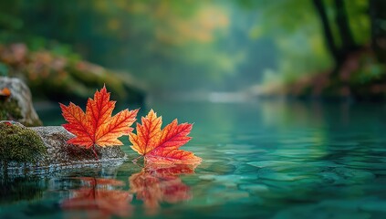 Two vibrant autumn leaves rest on a rock, mirroring in a tranquil stream