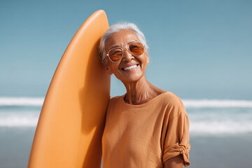Smiling senior woman at the beach, epitomizing active aging. Leaning on an orange surfboard, enjoying a sunny day. Seaside serenity.