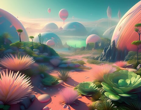 alien planet vegetation pastel colours digital art