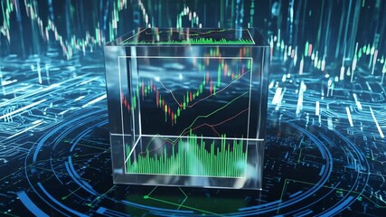 A transparent cube displays stock market charts on a circuit board background - Powered by Adobe