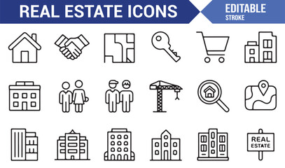 Modern real estate icon set with diverse property and service symbols
