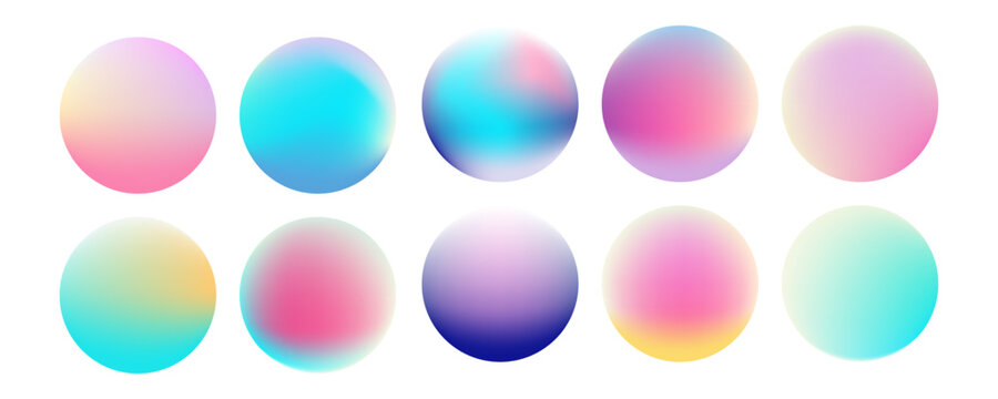 Bright colorful circle gradient set. Round blur gradation background collection. Iridescent radial blurry shape pack for poster, banner, leaflet, brochure. Eps10