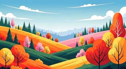 Autumn landscape with colorful trees on hills vector illustration design