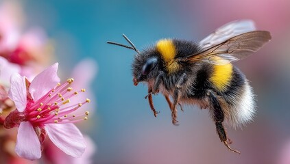 Bumble bee in flight near a pink flower