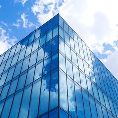 Modern office building corner, blue glass, reflection