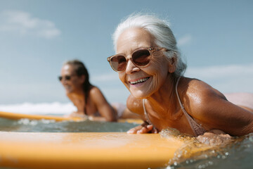 A smiling senior woman with sunglasses lies on a surfboard as another woman surfs behind her in the glistening ocean on a sunny day.