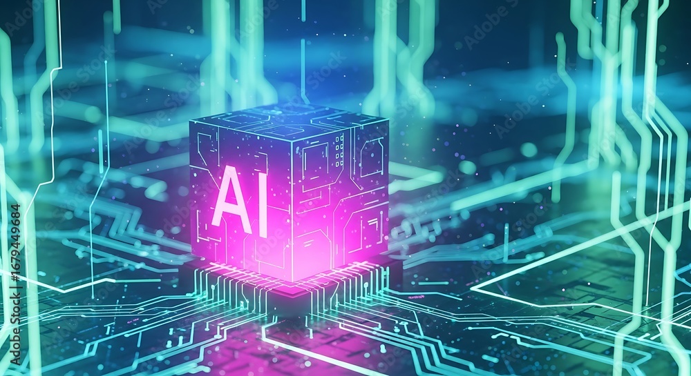 Poster artificial intelligence cube glowing with ai text on a circuit board