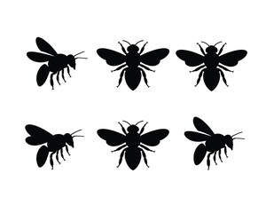 A set of six bee silhouettes, featuring various poses including top and side views. Vector icons for nature and insect-themed designs