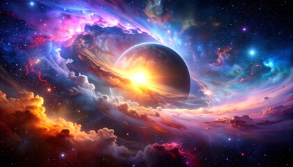 Vibrant cosmic clouds swirl around a fiery planet