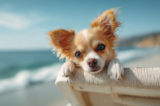 A curious Chihuahua rests its paws on the back of a beach chair, gazing out at the ocean with an adorable expression. - Powered by Adobe