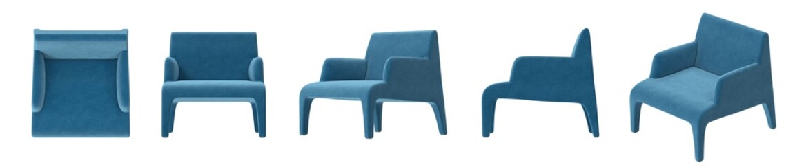 3D Render of a Modern Minimalist Blue Armchair, Multi-Angle View