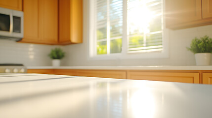 Fototapeta premium Modern kitchen interior with sunlight shining through window onto countertop