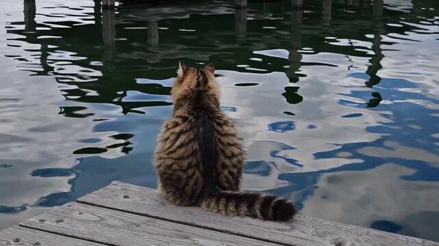 Feline Perched on Wooden Pier Overlooking Body of Water with Fish Swimming Below