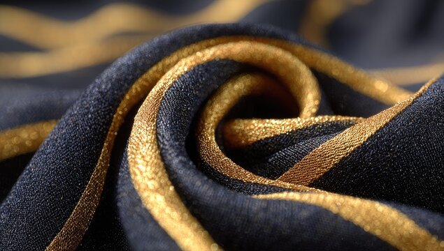 Close-up view of dark navy blue fabric with gold stripes, exhibiting a soft, flowing texture and subtle sheen