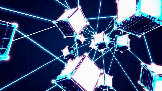 Network of Illuminated Cubic Structures Symbolizing the Interconnection and Continuous Movement of Digital Data