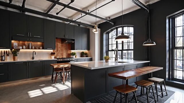 kitchen interior designed in industrial loft style, incorporating dining table