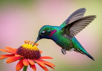 Obraz premium A vibrant hummingbird delicately sips nectar from a bright orange flower, capturing a moment of nature's beauty