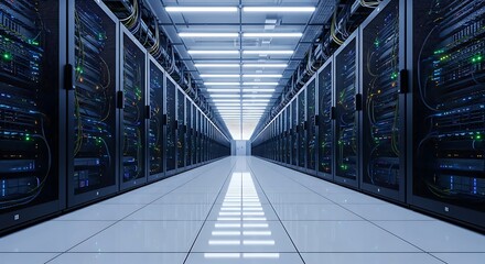 Brightly lit data center corridor with rows of advanced server racks, essential for digital infrastructure, secure cloud computing, and global network connectivity