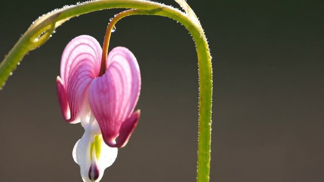 solitary flower of the bleeding heart plant captured in close proximity enjoying the gentle rays of the early sun