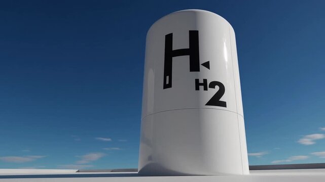 white hydrogen gas storage tank labeled H2 positioned against blue sky background
