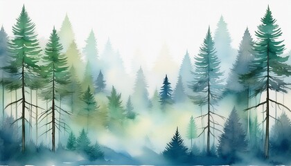 Fototapeta premium a serene watercolor painting of a misty pine forest with soft blue and green hues