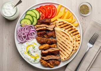 Chicken gyro platter with pita, tzatziki, fries and fresh veggies — Greek shawarma, top view