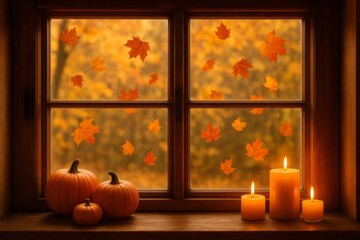 Obraz premium Autumn scene with pumpkins and lit candles on a windowsill with maple leaves