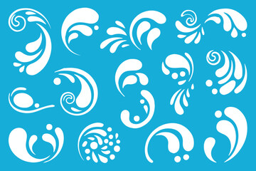 fluid liquid wave splash swirl vector illustrations set abstract patterns on blue background for modern graphic design